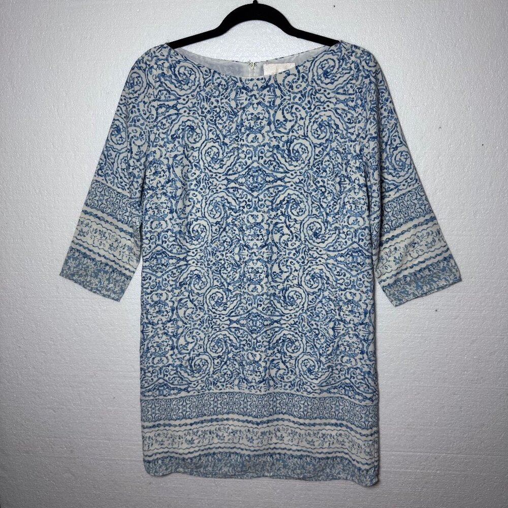 Skies Are Blue Womens Sz Medium Blue White Printed Shift Dress Preppy 3/4 Sleeve